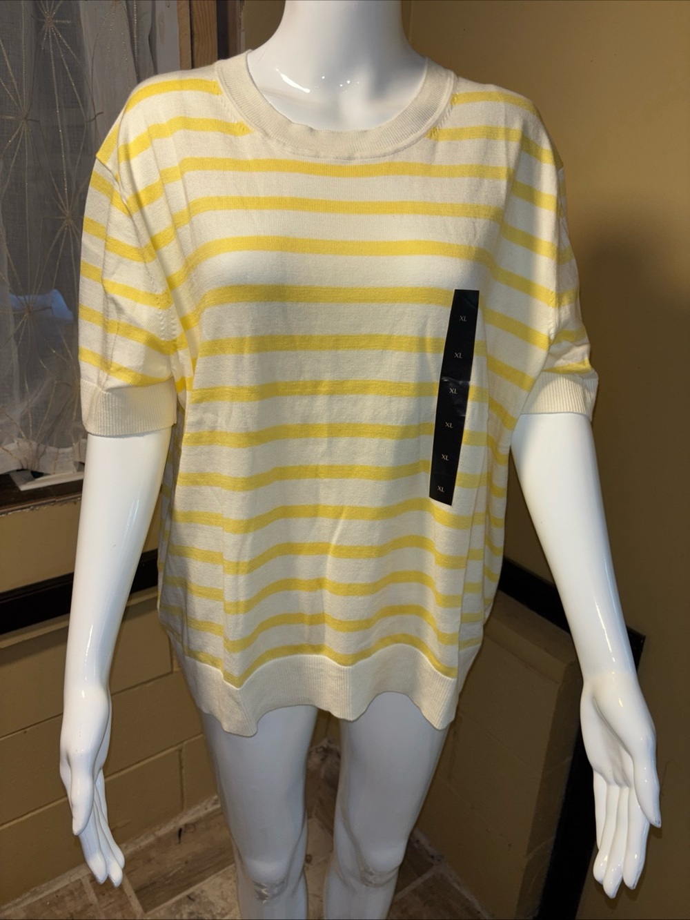 Yellow & White Striped Women's Short Sleeve Sweater